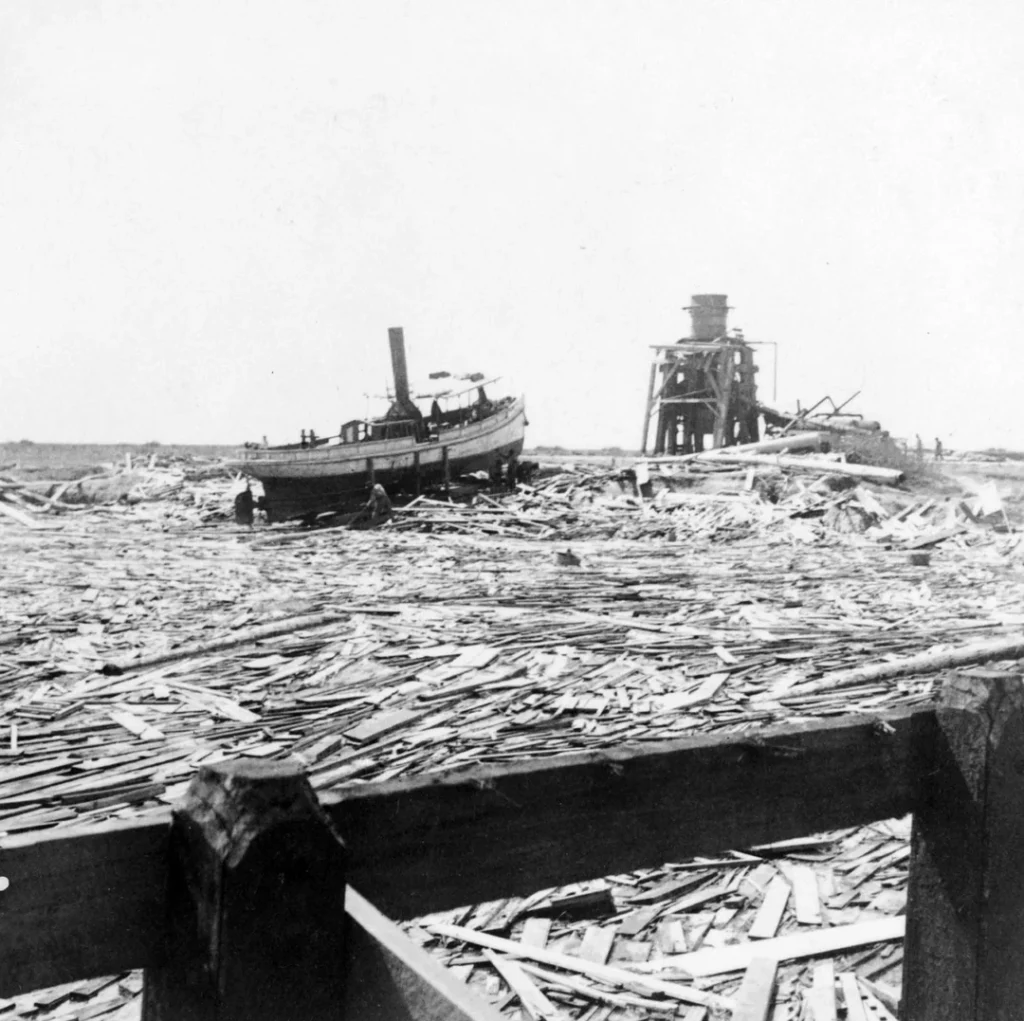 Floating wreckage, Galveston hurricane, 1900.