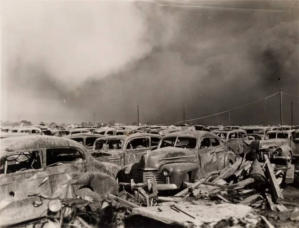 Parking lot 1/4 of a mile away from the explosion, Texas City disaster, 1947