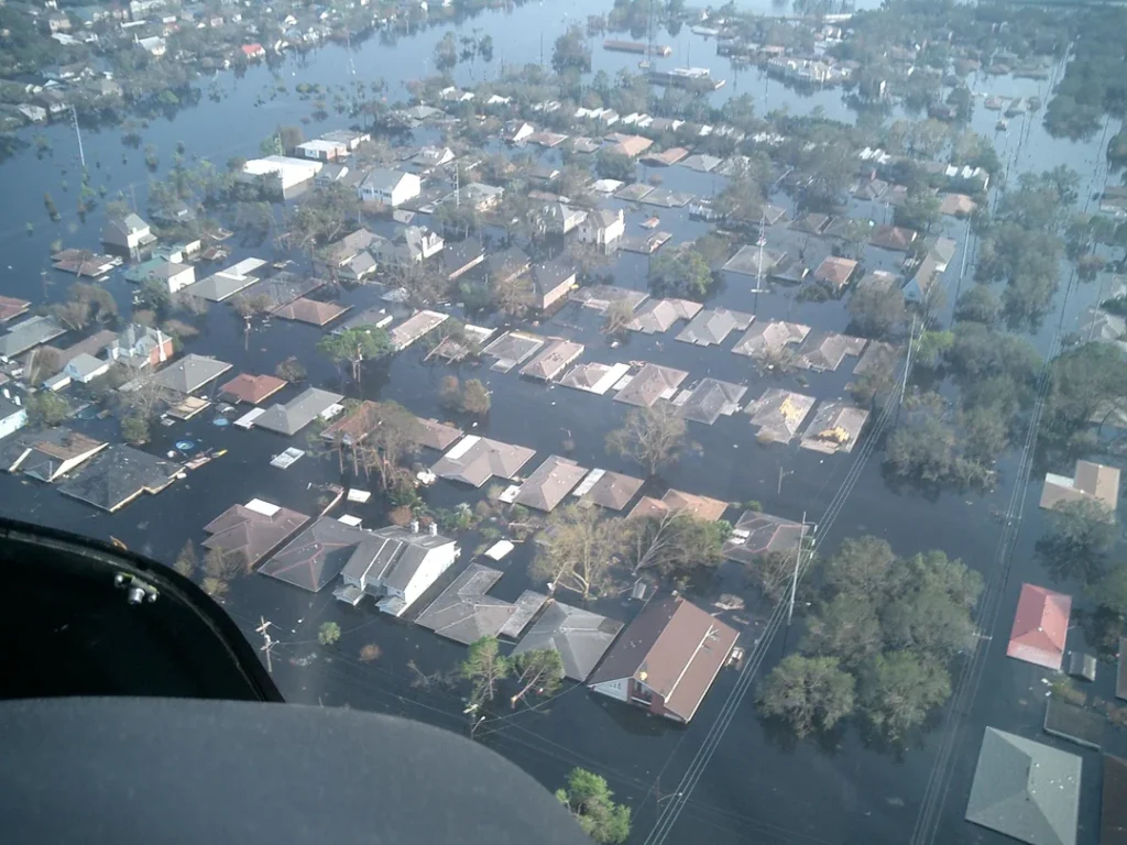 The aftermath of hurricane Katrina. 1392 people died and damages reached about $125B. End of August 2005