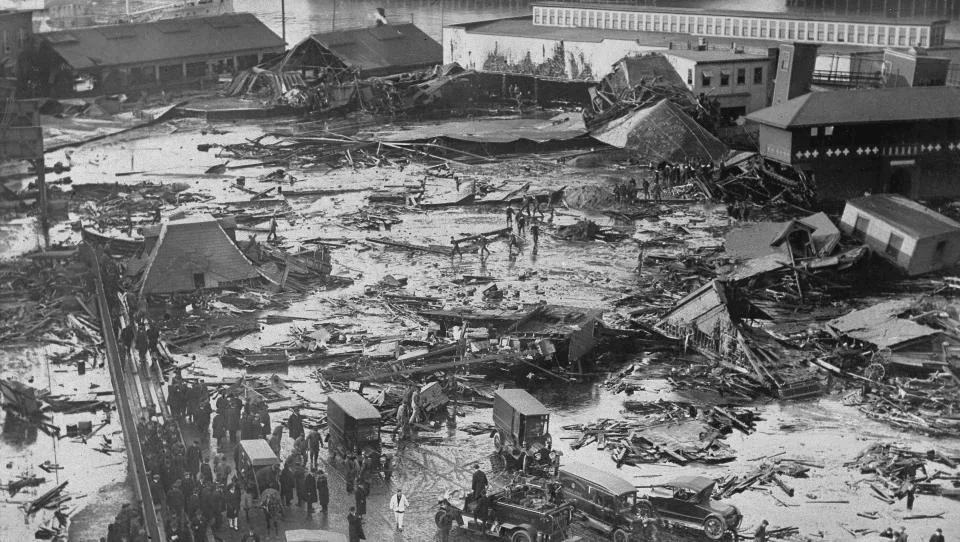 The aftermath of the Great Molasses Flood in Boston's North End neighborhood, which happened on this day in 1919.