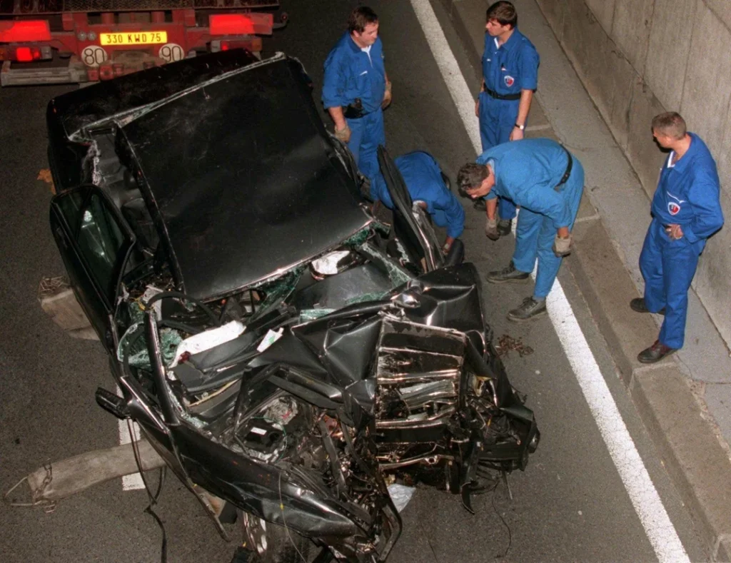 The wreckage of the car that carried Diana, Princess of Wales, and her companion, Dodi al-Fayed, into a Paris tunnel on August 31, 1997