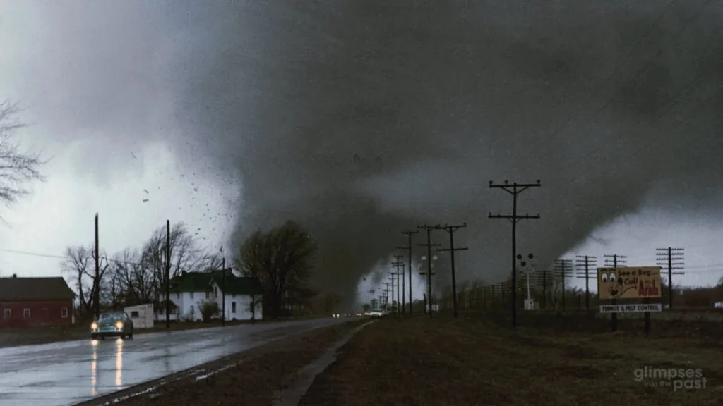 Twin tornadoes near Dunlap, Indiana during the Palm Sunday tornado outbreak, April 11, 1965