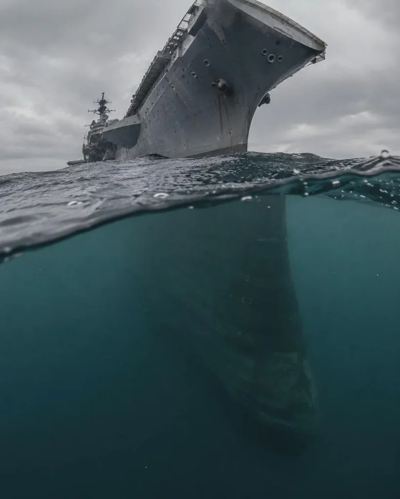 A 50-50 (above/below water line) view of an aircraft carrier