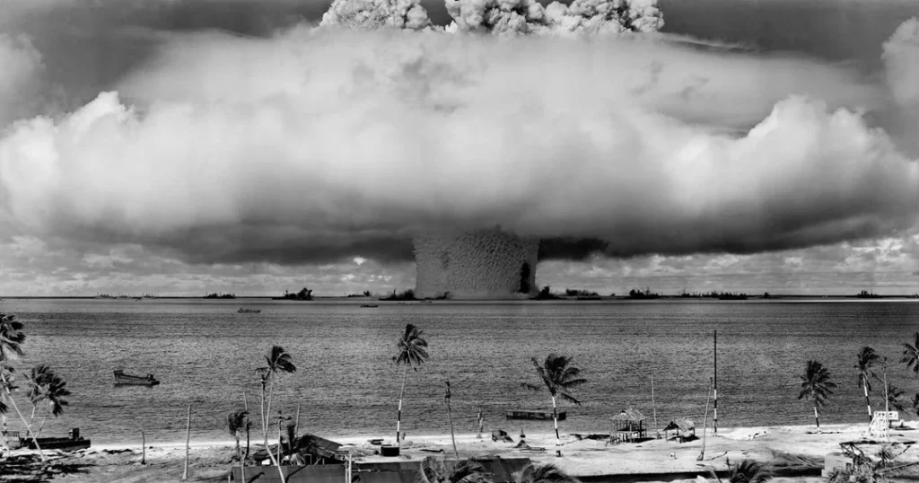 Underwater detonation of 23 kiloton nuclear weapon known as the Baker Test (1946). It was part of Operation Crossroads in Bikini Atoll in the Pacific. The purpose of the tests was to investigate the effect of nuclear weapons on warships.