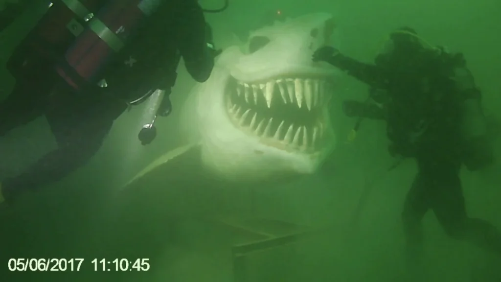 Underwater shark statue at Lake Neuch&acirc;tel