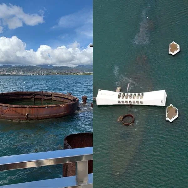USS Arizona, photo on right included to show how large it is. Over 900 human remains were never recovered from within, thus the wreck serves as a shallow tomb that tourists can walk above. Creepy.