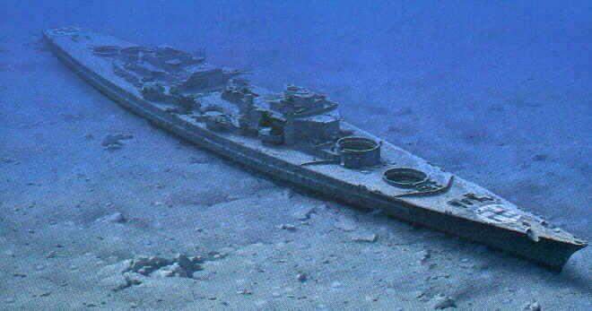 The German battleship Bismarck rests upright on the abyssal plain at a depth of roughly 4,790 meters (15,700 feet), about 400 to 600 miles west of Brest, France. Sunk on May 27, 1941.